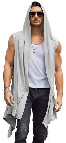 COOFANDY Men's Long Hooded Cardigan Sleeveless Ruffle Shawl Collar Lightweight Open Front Drape Kimono Vest, Light Grey, XXL