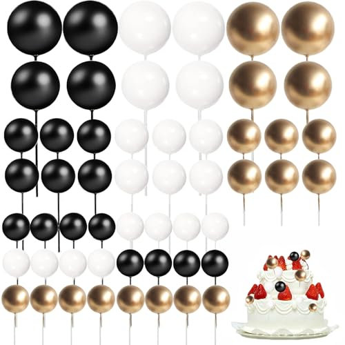 GEMMAHW 54Pcs Ball Cake Topper Decorations, Black, White, Gold, 54 count, CAKE_TOPPER, Birthday
