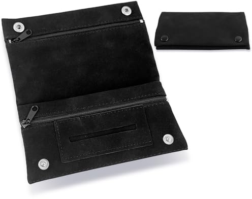 Tabaktasche Leder, 16 x 8,5 cm Tabakbeutel Für Drehtabak Schwarz | Drehtabak Tasche Leder mit Reißverschluss, Tabaktasche mit Schnallen zur Aufbewahrung von Tabak, Rolling Paper, Filter