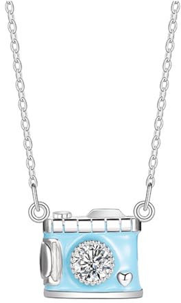pofluany Camera Necklace Faux Crystal Blue Camera Pendant Necklace Photographer Jewelry Gift for Journalists Travelers Selfie Lovers Blue