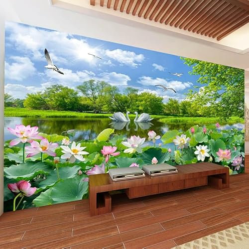 ZEZILE Chinesischer Stil Fototapete 3D Schwan See Lotus Wandbild Wohnzimmer TV Sofa Hintergrund Dekor Wandmalerei Papel De Parede