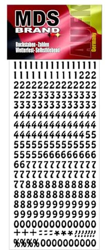 MDS Brand 8mm Zahlen Aufkleber Schwarz 0-9, Schriftgröße ca. 8 mm, selbstklebend, wetterfest, klein, Nummer Ziffer Klebezahlen Sticker Hausnummern aus Folie zum Aufkleben (1, Zahlen)