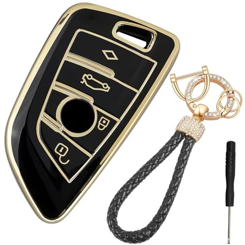 LbsAMP Coque Clé de Voiture 4 Boutons Tup Compatible avec BMW Serie 1 2 3 4 5 6 7 X1 X2 X3 X5 X6 F40 G20 G30 Coque de Protection pour Clé Protège Clef de Voiture en Silicone avec Porte Clés - Noir
