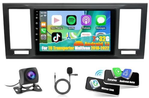 9 Pollici Android 13 Autoradio per VW T6 Transporter Multivan 2016-2022 con Wireless Carplay Android Auto, Auto Stereo TouchScreen Radio 2 Din con GPS WiFi Bluetooth Comandi al volante 2G+32G