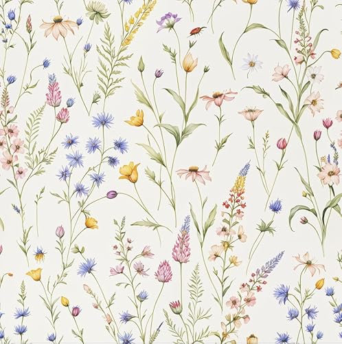 CHDITB Colorful Floer Wallpaper,Floral Wallpaper Self Adhesive,Stickers On Wall Paper Bedroom(44x300cm) Wildflowers Wall Stickers Floral Plants,Botanical Decals Peel and Stick Stickers Living Room