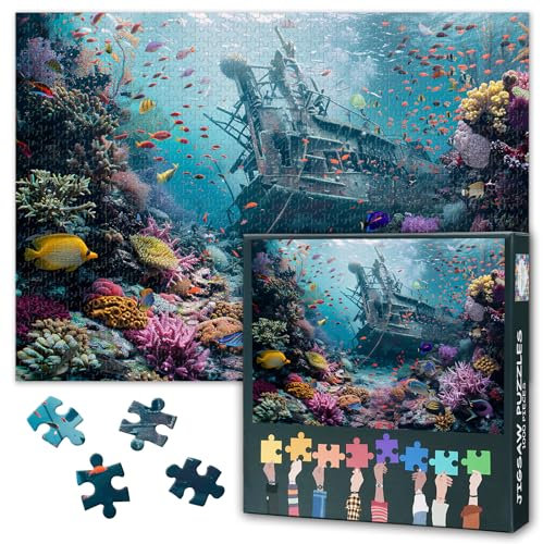 Unterwasser Welt 1000 Stück Puzzle für Erwachsene Unterwasser versunken Schiffswrack Puzzles Herausfordernde Puzzles Geeignet für Spielnächte für Heimschlafzimmer Flur Dekoration Größe: 70x50cm