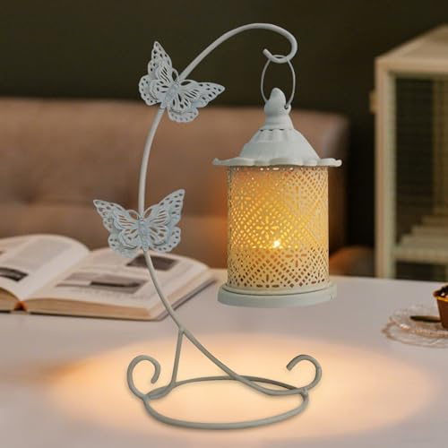 Kerzenständer Für Tisch Wand Deko, Hängende Laterne Kerzenhalter Weiß, Metall Windlicht Mit Ständer, Schmetterling Deko Kerzenleuchter, Vintage Kerzen Ständer für Hochzeit Wohnzimmer Terrassen (B)