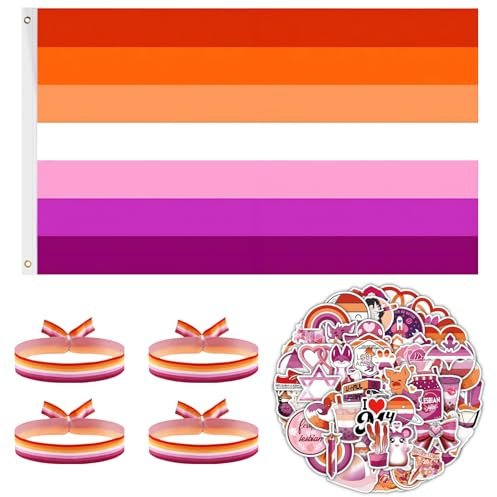 Drapeau Lesbien Arc-En-Ciel LGBT 90 x 150 cm + 50 Autocollants LGBTQ + 4 Bracelet Lesbiennes,LGBTQ Accessoires de Fierté,pour Pride Day Marche des Fiertés Événement Decor