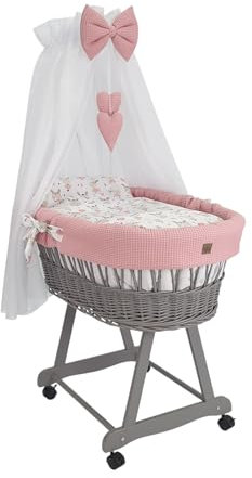 Wiklinopol Moseskorb mit Baldachin Lena – Baby-Stubenwagen aus Weide mit Gestell – Babykorb in Grau, Komplettset mit 5-TLG. Waffel-Bettwäsche Häschen Rosa – Mit Rollen, Tragbar, Sicher