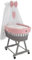 Wiklinopol Couffin Bébé avec Ciel de Lit – Berceau à roulettes en Osier avec Support – Ensemble Complet en Gris avec 5 Pièces de Linge Nid d’Abeille Motif Lapin Rose