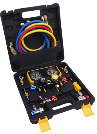 Tbest HLK -Messgeräte mit Schläuchen Hochleistungs -Messingkrümmer Set 4 Wege AC -Diagnosewerkzeug für R410A R32 R134A R22 Kältemittel Professionelle Heimnutzung
