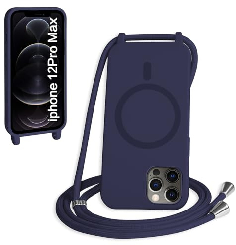 FMPCUON Magnétique Coque avec Cordon pour iPhone 12 Pro Max, [Compatible avec MagSafe] Etui Collier Réglable Téléphone Étui Portable Lanyard Case Protection Complète Cover,Bleu