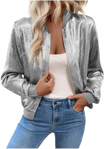 Mrat Women's Bomber Jackets Metallic Sparkly Flight Jackets Long Sleeve Zip Up Coats Ladies Lightweight Biker Jacket Glitter Club Party Festival Baseball Jacket Shiny Look Tops Wedding Dance Going Out