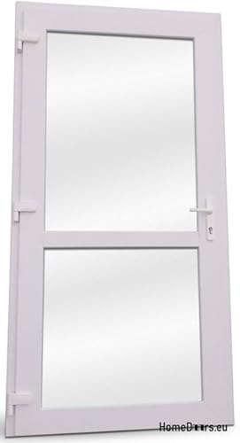 Haustür Kunststoff 100x210 cm DIN Links | Nebeneingangstür mit Sicherheitsverglasung | Kellertür Komplettset für Shop, Garage, Haus | Eingangstür mit 4-Punkt-Schloss und Zubehör | Weiß