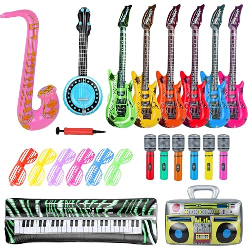 23PCS Inflatable Party Props, Inflatable Instruments Set, Blow Up Guitar, Pipa Saxophone Microphone Radio Keyboard Glasses for 80s 90s Themed Disco Party Photo Booth Decorations