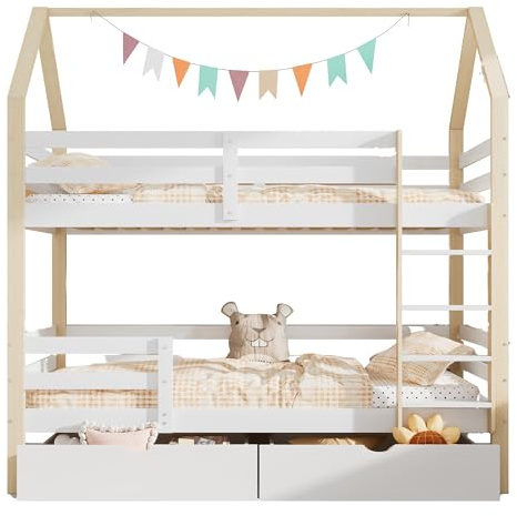 I0I&I0I Hausbett Kinderbett mit Stauraum， Praktische Schlaflösung für Kinder mit Großen Schubladen, Einfacher Einstieg und Stabile Konstruktion für den Familienalltag (Weiß + Eiche)