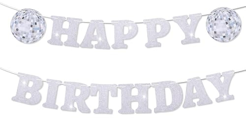 Disco Party Geburtstags Deko Girlande Set Silber Happy Birthday Banner und Discokugel Hängend Wirbel Geburtstag Deko Happy Birthday Girlande für Geburtstagsdeko 70er 80er 90er Party