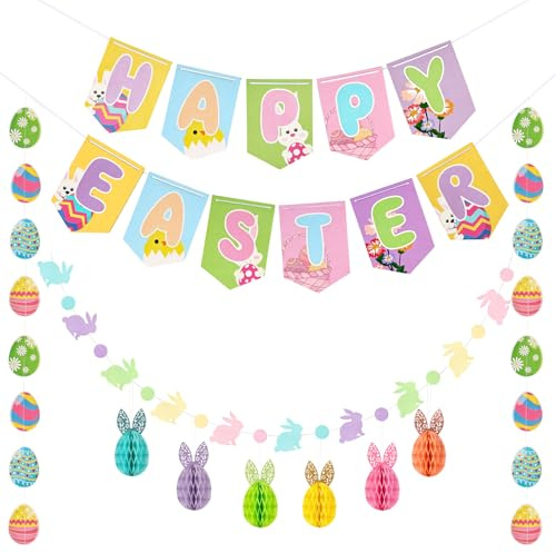 Shintop Easter Decorations, 20PCs Easter Banner Kit, Reusable Bonnet Paper Decorations, Spring Easter Tree Decorations