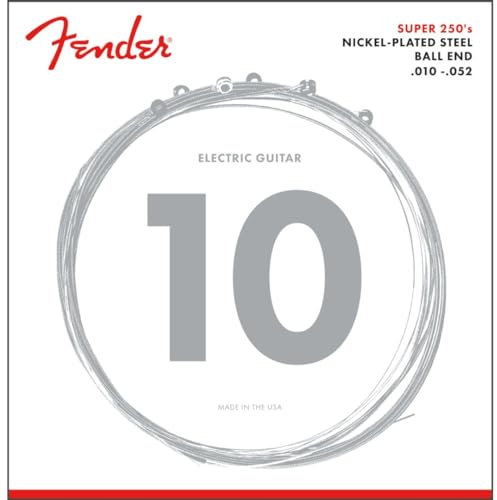 Fender Super 250 Guitar Strings for Electric Guitar, Nickel Plated Steel, Ball End, 250RH Gauges .010-.052, (6)