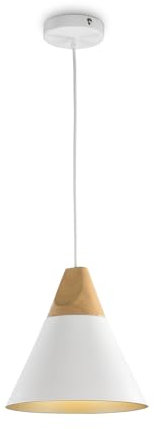Modern Pendant Ceiling Light, White Metal with Wooden Element, Basic Nordic Design, Cone Shape, Adjustable Height, Long Cord, 1 Bulb E27 60W 220-240V not Included