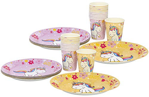 com-four® 56-teiliges Party-Geschirr Set Unicorn mit Einhorn Motiven für 24 Personen, Pappteller und Pappbecher für Kinder, Geburtstag und andere Partys (56-teilig gelb/rosa)