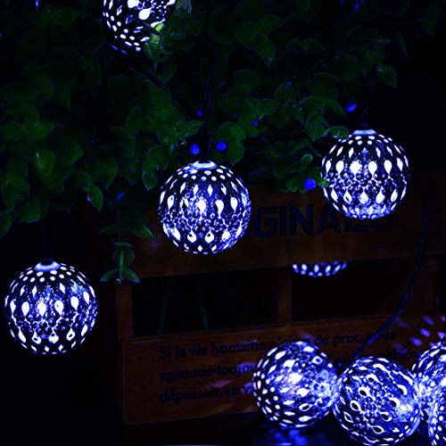 Silber Marokkanischen Orb Schnurlichter,KINGCOO Wasserdichte 20LED Metall Goble Laterne Solar Lichterkette mit 8 Modus Ambientebeleuchtung für Garten Hochzeitsfest Weihnachtsdekorationen (Blau)
