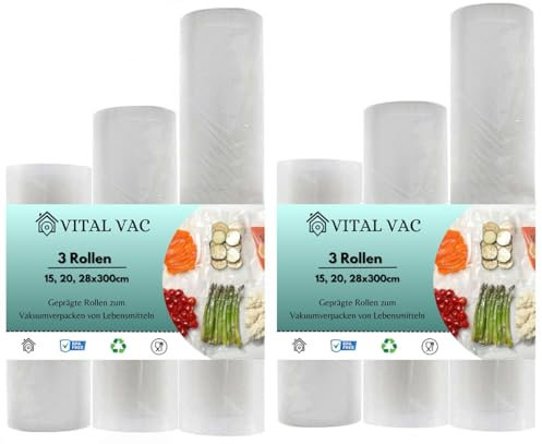 VITAL VAC Vakuumierbeutel | 6 Rollen 15cm, 20cm und 28cm x 3m Länge | Vakuumbeutel Lebensmittel für Vakuumiergerät | Konservierung, Gefrieren, Mikrowelle und Kochen