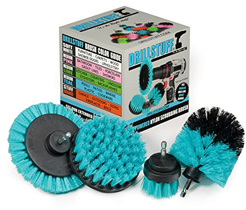 Drillstuff Drill Brush Set - Teal Nylon Medium Stiffness - Boat Hull, Flooring, Non-Skid Surfaces Cleaner - Includes Nylon Drill Brushes (4 Sizes), Wheel Brush