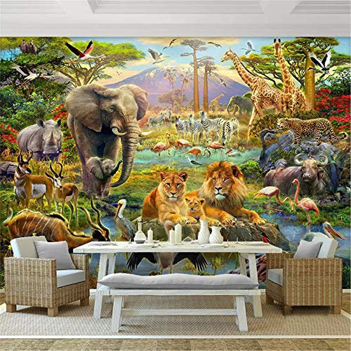 PSiFound® 3D Kinder Kunst Foto Wallpaper Wandbild Savanne Tiere Elefant Löwe (200X150Cm) Selbstklebender Vliesstoff Poster Diy Wandtattoo Mädchen Innenraum Schlafzimmer Wanddekoration