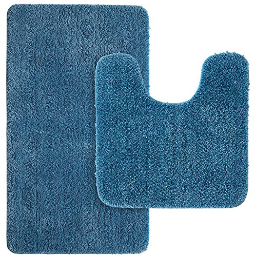 MIULEE Badematte Duschvorleger Badvorleger Flur 2er Set rutschfest Matte Teppiche Badteppich Badezimmerteppich Waschbar Saugfähig für Bad Wohnzimmer 50x80 cm und 50x50 cm mit Ausschnitt Blau