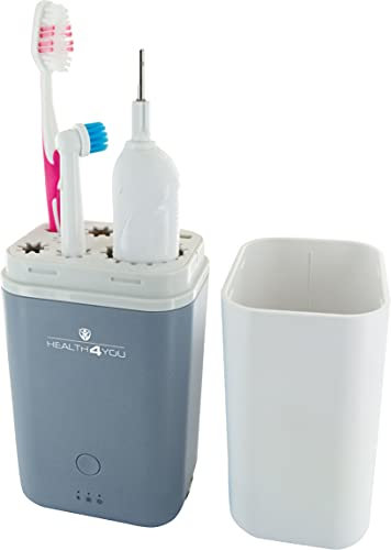 SCHWAIGER 662047 UV-Sterilisator Zahnbürstenhalter Zahnputzbecher Zahnbürsten-Reiseetui UVC-Licht Zahnbürstentrockner Desinfektion Miniventilator grau/weiß
