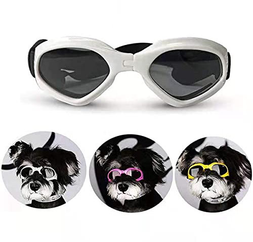 Hundebrille UV Wasserdicht Winddicht Einstellbar Haustier-Sonnenbrille Mode Hunde Schutzbrille für kleine und mittlere Hunde (Weiss)