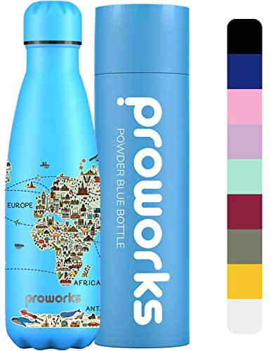 Proworks Botellas de Agua Deportiva de Acero Inoxidable | Cantimplora Termo con Doble Aislamiento para 12 Horas de Bebida Caliente y 24 horas de Bebida Fría - 1L - Mapa del mundo - Azul pálido