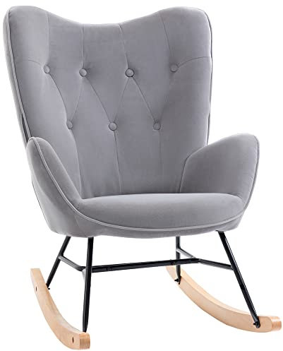 HOMCOM Fauteuil à Bascule, Rocking Chair, Fauteuil Allaitement Confortable avec Structure en Bois Massif et métal pour Salon, Chambre, Balcon, Velours Gris Clair
