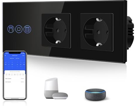BSEED Normal Doppelt Steckdose mit Smart Alexa Rollenschalter (Vorhang nicht) Glas Wifi Touch Schalter (Neutrale Leitung benötigt), Kompatibel mit Tuya/Google Home/SAMRT LIFE Schwarz