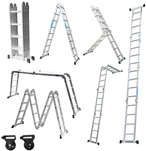 Froadp 470cm Aluminum Mehrzweckleitern, 4x4 Stufen Gerüst Leiter, Ausziehbar Treppenleiter mit 2 Arbeitsplattform, Klappbare Stehleiter, Arbeitsbühne Schiebeleiter für Haus, Werkstatt(Silber)
