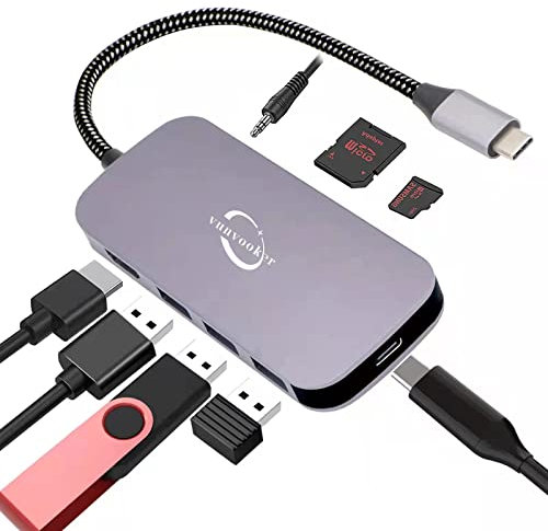 Hub USB C,Adaptateur Multiport Vunvooker 8 en 1 avec 3,5mm Audio Jack,HDMI 4K,3 Port USB 3.0,PD 100W,Lecteur de Cartes SD/TF,Extenseur USB-C,Compatible avec MacBook Pro/Air,iMac,Surface,iPad Pro