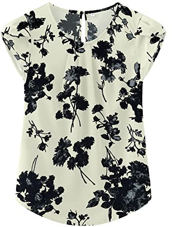 TASAMO Woman Shirts Basic Chiffon Round Neck Keyhole Back Pleated Casual Cap Sleeves Tee(Medium, Black Flower- White)