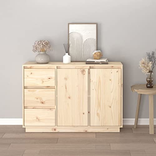 Gecheer Sideboard mit 2 Türen und 3 Schubladen Beistellschrank Flurschrank Kommode Standschrank Mehrzweckschrank Massivholz Kiefer 111x34x75 cm