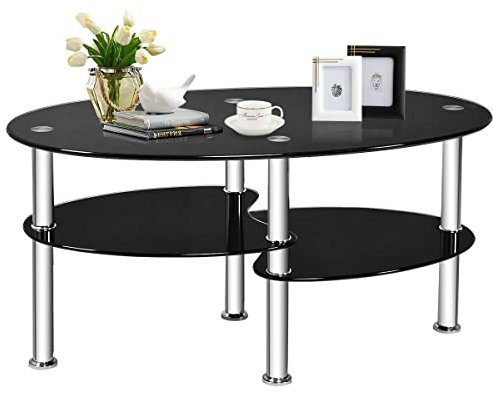 Multigot Tempered Glass Coffee Table, 3-Tier Cocktail Center Table with Open Shelf and Heavy-duty Steel Frame, Oval Snack Tea Sofa Side End Table for Living Room Office (Black)