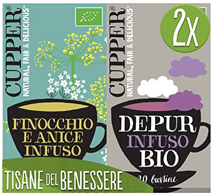 CUPPER Infuso Biologico Finocchio e Anice, Confezione da 20 Bustine e CUPPER Depur Infuso Biologico con Ibisco, Ortica e Liquirizia, Tisana Depurativa, Confezione da 20 Bustine
