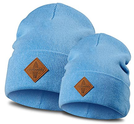 Soulbuddy Beanie - 2er Set Blau | Partnerlook-Set | 1 Herren oder Damen Wintermütze (One Size - 54-62 cm) und 1 Kinder Strickmütze (Größe M - 45-49 cm)