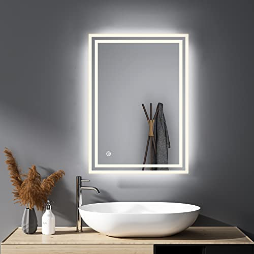 Badspiegel mit Beleuchtung 40x60cm 3 Lichtfarbe Wandspiegel WandSchalter Touch-Schalter Badezimmerspiegel Rechteckiger LED Kaltweiß 6500K IP67 energiesparend horizontaler vertikaler Einbau A++