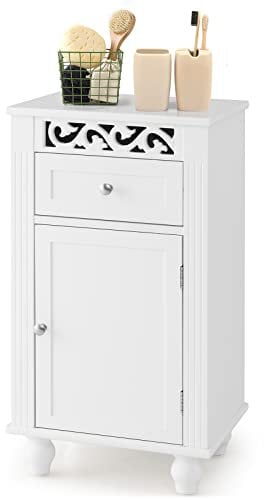 RELAX4LIFE Bathroom Floor Cabinet, Wooden Free Standing Storage Cupboard with Drawer, White Slim Side Organiser Unit for Bedroom Living Room Entryway (1 Drawer + Door Cabinet)