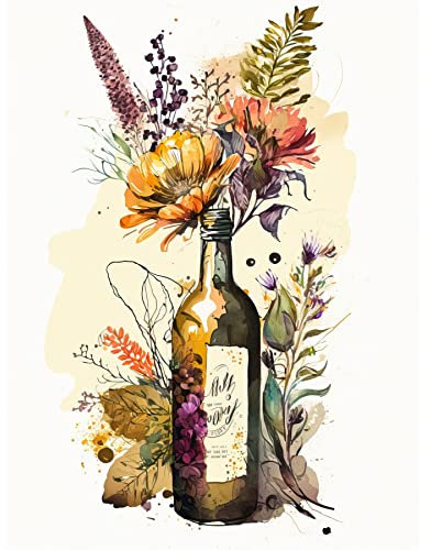 Artery8 Wildflower Bouquet in Upcycled Glass Wine Bottle Premium Wall Art Canvas Print 18X24 Inch