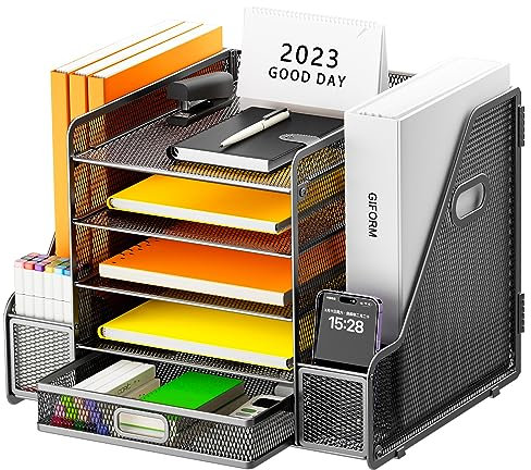Restorgan Schreibtisch Organizer mit Aktenhalter, 5-stufiger Papier Organizer mit Schublade, Mesh Schreibtisch Akten Organizer mit Zeitschriftenhalter für Büro Organizer Schreibtisch (schwarz)