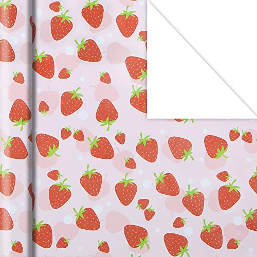 Erdbeer-Geschenkpapier, rosa Erdbeer-Geschenkpapier, Geburtstagskind für Geburtstag, Sommer-Hawaii-Themenparty, Aloha-Luau-Pool-Party, Urlaub, Babyparty, 6 Blatt flach gefaltet, 50 x 70 cm
