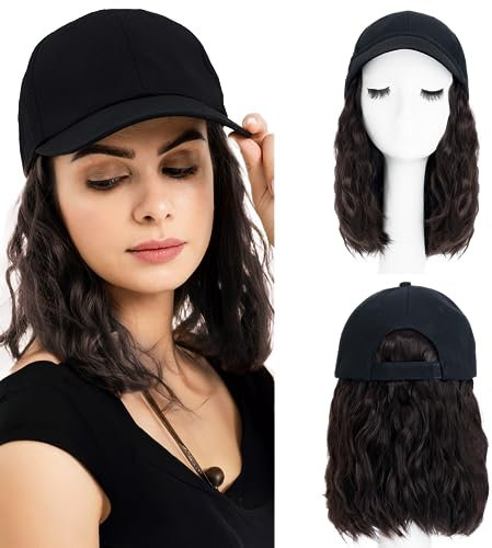 SEGO Wig Cap mit Haaren Extension mit Baseballmütze BOB Perücke Haarverlängerungen Gewellt Haarteil wie Echthaar Damen 20 cm Dunkelbraun