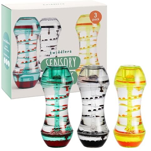 THE TWIDDLERS - Pack de 3 Relojes de Arena - Temporizadores de Movimiento Espiral Líquido - 15cm, 3 Colores - Juguetes Sensoriales Calmantes para Aliviar el Estrés