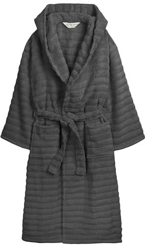 Olivia Rocco Ribbed Dressing Gown Soft Hooded Bathrobe Hydro Cotton Towelling Unisex Bath Robes, CHARCOAL S/M